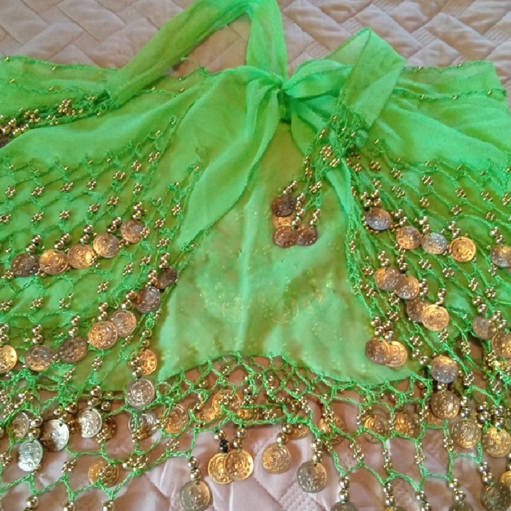 Lime Green Belly Dance Top & Hip Scarf with Gold Coins